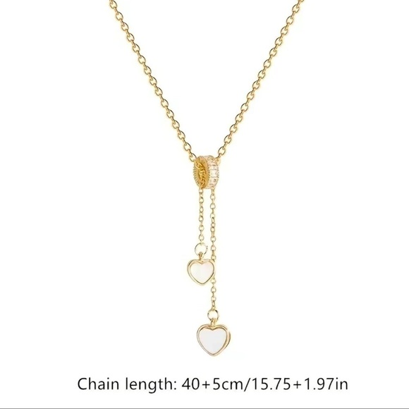 Tassel Double Heart Pendant Necklace Stainless Steel Chain with Zirconia - Picture 3 of 5